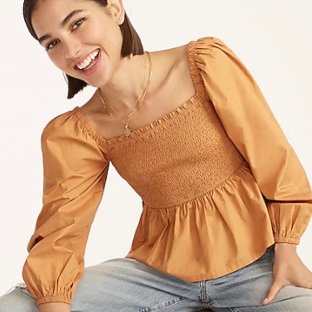 J. Crew Tangerine Smocked Blouse with Puff Sleeves